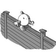 A spherical robot with banded arms and legs and a coiled antenna, perched awkwardly atop a fence. Its holding out its arms, looking very uncertain of itself.