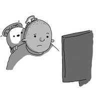 A person peers doubtfully at a computer monitor while a spherical robot with banded arms, held aloft by a propeller on its top, peers over their shoulder and points towards the screen.