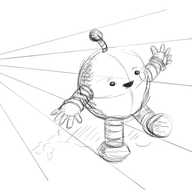 A spherical robot with banded arms and legs and an antenna, walking along and waving happily. However, it's drawn in sketched pencil lines, with visible outlines of each component and scribbled shading. A number of faint perspective lines intersect it, meeting at a point to its left.