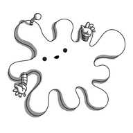 A robot in the shape of a cartoon 'splat': mostly flat against a surface with a number of globular protrusions. It has two banded arms and an antenna sticking up from its surface and a smiling face in the middle.