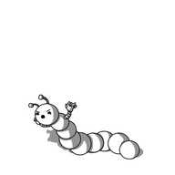 A robot made up of nine connected spheres, like a caterpillar, with its head at one end sporting two antennae, and two banded arms on the next section. It's rearing up and making an angry little face as it waves its hands in the air. The image is framed in such a way that the robot is quite small and near the bottom of the frame.