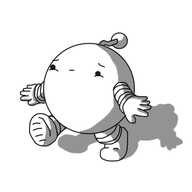 A spherical robot with quick short banded arms and legs and a zigzag antenna. It's walking along, hands held slightly out at its sides, with a worried look on its face.