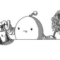 A round robot with banded arms and a zigzag antenna, standing beside a shelf or table. In one hand it's holding a stick that is wrapped in a great wad of cobwebs, while the other is gently placing a number of cobwebs on and around a Teabot. The robot looks to be deep in concentrating, its tongue sticking out of its mouth, while Teabot looks less than convinced by the whole situation.