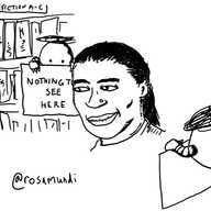 a person walking by a shelf of books. on either side of them are two spherical robots held aloft with top-mounted propellers, both holding big signs in front of them to block the view to either side. the one sign visible reads 'NOTHING TO SEE HERE'.