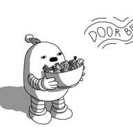 A round-topped robot with banded arms and legs and a coiled antenna. holding a bowl of sweets. Above it, the word 'DOOR BELL!' seems to drift through the air (an attempt at illustrating sound), in response to which the robot looks genuinely terrified.