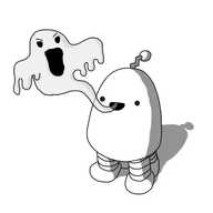A conical robot with four banded legs and a zigzag antenna. Emanating from its smiling mouth is a semi-transparent cartoon ghost, waving its dripping appendages and screaming angrily.
