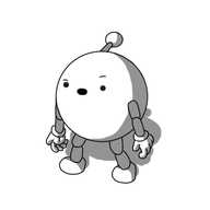 A spherical robot with jointed arms and legs and an antenna. Its mouth is slightly open and it has one eyebrow raised, as if in confusion.