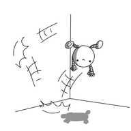 A spherical robot with limp, banded arms, flying upside-down through the air, having just bounced off a wall and the adjacent floor. It seems perfectly happy with its situation.