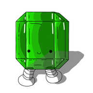 A robot in the form of a green gemstone, shaped in a sort of very basic emerald or possibly baguette cut, with banded legs on the bottom and a happy face towards its lower end.