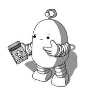 A round-topped robot with banded arms and legs and a question mark shaped antenna, peering down thoughtfully at a phone as it rubs its chin. The phone displays a picture of one of @muckypup's name the band/arist clues, showing a little chubby person with their arms extended.