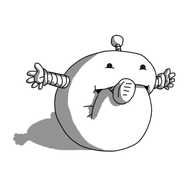 A sort of long, amorphous robot with banded arms and legs and an antenna. Its bottom end is shoved into its mouth so it's curled right around into a ball, and one of its legs is poking out of its mouth. Its arms are extended to either side. It doesn't look unhappy with the overall situation.