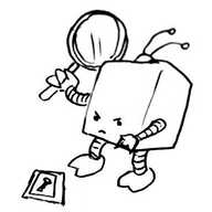 A cuboid robot with a fierce, determined expression carrying a magnifying glass almost the size of its entire body. It is pointing to a key on the ground.
