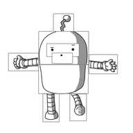 A selection of overlapping rectangles that each contain part of a robot, roughly arranged into a full picture, in the manner of a witness composite. The robot depicted has a rounded top, banded arms and legs, a zigzag antenna and a surprised expression on its face.