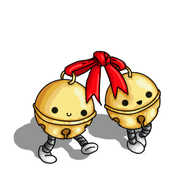 Two robots in the form of spherical golden bells, tied together with a red ribbon. The robots are smiling and have banded legs.