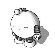 A spherical robot with banded arms and legs and a zigzag antenna. It's standing motionless, antenna drooping, with its eyes closed and its face impassive.