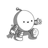 A spherical robot with banded arms and legs and an antenna, walking along happily, holding out one hand. That hand has four digits on it. Normally they have five digits. If you rely on the image descriptions, you won't know that, because I've never mentioned it before, but they do. Sorry.