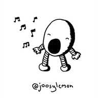 An ovoid robot with a big, round open mouth and its eyes closed as it sings musical notes. Its feet are firmly planted and its arms held out.