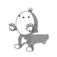 An ovoid robot with jointed arms and legs and an antenna, holding up its hands placatingly with a worried expression on its face as it opens its mouth to speak.