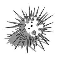 A spherical robot covered in long spikes going in all directions. It's smiling, its face sideways, resting on the ground with several of its spikes.