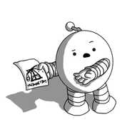 An ovoid robot with banded arms and legs and a zigzag antenna, holding a piece of paper on which is a crude drawing of a trebuchet labelled "TREBUCHETBOT". It's gesturing towards it with a dismayed expression on its face.