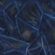 A colour picture of a round-topped robot in a strange, dark, crystalline environment. It's standing at the end of a narrow, jagged walkway, surrounded by faceted walls and crystal growths that shimmer faintly with rainbow colours. Within the facets, in addition to its own dim reflections, are weird, eldritch images: reflective eyes, tentacles, fanged mouths. etc. Understandably, the robot looks quite worried.