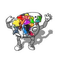 A robot in the form of a traditional wooden artist's palette, with jointed arms and legs. It's splattered with globs of paint in various colours that are all mixed and mingled together around their edges. The robot is pointing at itself with one hand and waving with the other, while its smiling face is near the top of the palette and partially covered by paint.