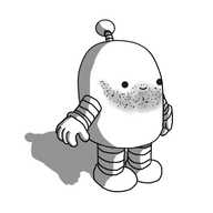 A round topped robot with banded arms and legs and an antenna. It has a classic cartoon five o'clock shadow on the lower part of its face and seems pretty happy about it.