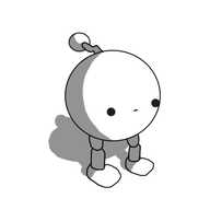 A spherical robot with jointed legs, a zigzag antenna and a blank expression on its face.