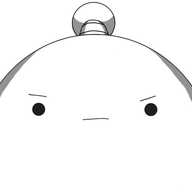 A round robot with banded arms and an antenna, filling most of the frame, staring straight at the viewer and looking very determined.