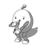 An ovoid robot with jointed arms and legs and a zigzag antenna, looking slightly worried as it blows into a swanee whistle and manipulates the little hook bit at the other end.