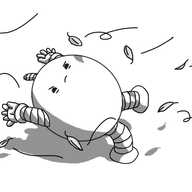 An ovoid robot with banded arms and legs, being blown sideways by the wind. Its arms are flailing and the bobble of its antenna has blown off. There are leaves swirling all around it and it does not look happy.