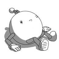 A spherical robot with jointed arms and legs and a coiled antenna, sprawled on the ground, pushing itself slightly upright. One of its eyes is screwed shut and the other is partially open, and some stuff is encrusted around its mouth. It doesn't look very happy.