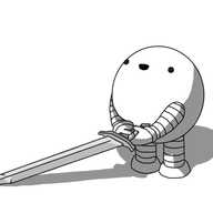 A round robot with banded arms and legs, holding a medieval broadsword in both hands in front of it, looking up and smiling blankly with its mouth open. The sword is somewhat taller than the robot, and is clearly heavy, because its point is dragging on the ground.