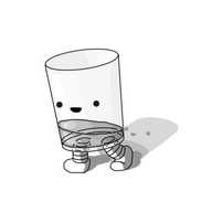 A robot in the form of a glass, with banded legs on its underside and a smiley face on the front. It's filled with a small measure of red-purple fluid.