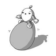 A round robot with banded arms and legs and an antenna, with a bobble shaped like an egg on it. The robot is perched atop a wobbling egg about three times its size, and it has a shocked, frazzled expression on its face.