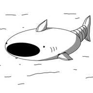 A robot consisting of a long, flattened ovoid with a dorsal fin and hinged fins on either side. It has a thick, banded tail, with a vertically angled fin on the end. The robot has an enormous, open mouth, small eyes quite widely spaced on either side and rows of gills just in front of its side fins.