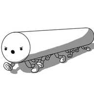 A robot in the form of a long cylinder oriented with one of the flat ends facing forward, where the robot's face is positioned. It has five pairs of jointed legs on its underside, propelling it forward as it yells angrily.