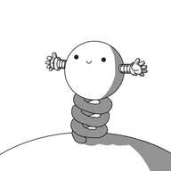 A spherical robot with two banded arms, mounted on a spring that is connected to the top of a second, larger robot, most of which is out of shot. The Sproingbot is holding out its hands and smiling happily.