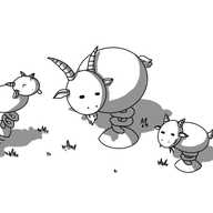 Three robot goats. Each consists of two ovoids, one for the body and one for the head, with a spring on its underside attached to a single rounded foot. There is a larger, adult Goatbot, with long, banded horns and a little beard, looking at one smaller Goatbot with shorter horns that is chewing on some grass, while a second smaller Goatbot bounces happily in the air, sticking out its tongue.