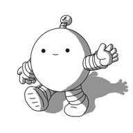 A spherical robot with banded arms and legs and an antenna with a pound sign on the bobble, walking along and waving with a weak smile on its face.