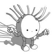 A spherical robot with short, jointed arms and legs. Its face is quite low down on its body, making it appear to have a bulging cranium. A number of wires are plugged into the top of it, trailing up and disappearing above it. Its expression is neutral, as if it is paying close attention.