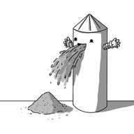 A robot in the form of an old-fashioned grain silo with a conical roof. It has little banded arms on the side and is opening its mouth to release a gout of grain that is forming a pile on the ground beside it.