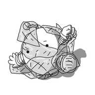 A spherical robot with banded arms and legs and a zigzag antenna. It's on the ground, wrapped around several times with transparent clingfilm, grumpily trying to extricate itself.