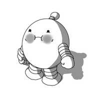 A round robot with banded arms and legs and an antenna. Its mouth is tightly closed and its cheeks inflated and coloured in (they're presumably red, but the robot is in grayscale). Its fists are clenched and it has a slightly pained expression on its face.