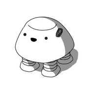 A robot shaped like a sort of flattened dome with four banded legs on its underside. There is a little rounded Bluetooth ear clip thing attached to one side of the robot, where it would have ears if it wasn't a robot, and it's smiling happily about it.