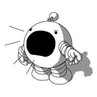 A spherical robot with banded arms and legs and a zigzag antenna and an enormous, wide mouth. It's shouting angrily at something, or possibly everything.