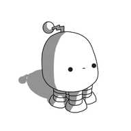 A robot with a round top and four banded legs. It has a zigzag antenna and a completely neutral expression on its face.