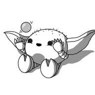 An ovoid robot with large, broad, pointed ears. It has banded arms and legs, little claws and cloven feet for some reason. On its top there are lots of little fuzzy haits. It's holding up its hands, smiling as it levitates a shiny ball.