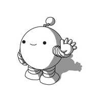 An absolutely standard small robot: it's spherical, with banded arms and legs and a zigzag antenna. It's smiling and waving, seemingly utterly content.