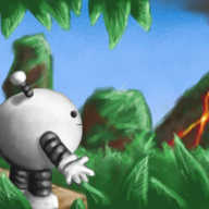 A coloured, digitally painted image, depicting a vaguely Mesoamerican jungle scene: a volcano smokes in the background as lava pours down its flanks, nestling amongst forested karsts. In the mid-ground, a crumbling, sand-coloured ziggurat rises from a green canopy, ensnared in vines. In the foreground is a stone shelf in the same colour as the ziggurat with a column supporting an unseen ceiling on the left. A spherical robot with banded arms and legs and an antenna stands on the shelf, smiling at the scene before it and holding onto a vine that hangs down from above. Broad, green leaves frame the image, protruding from above and below.